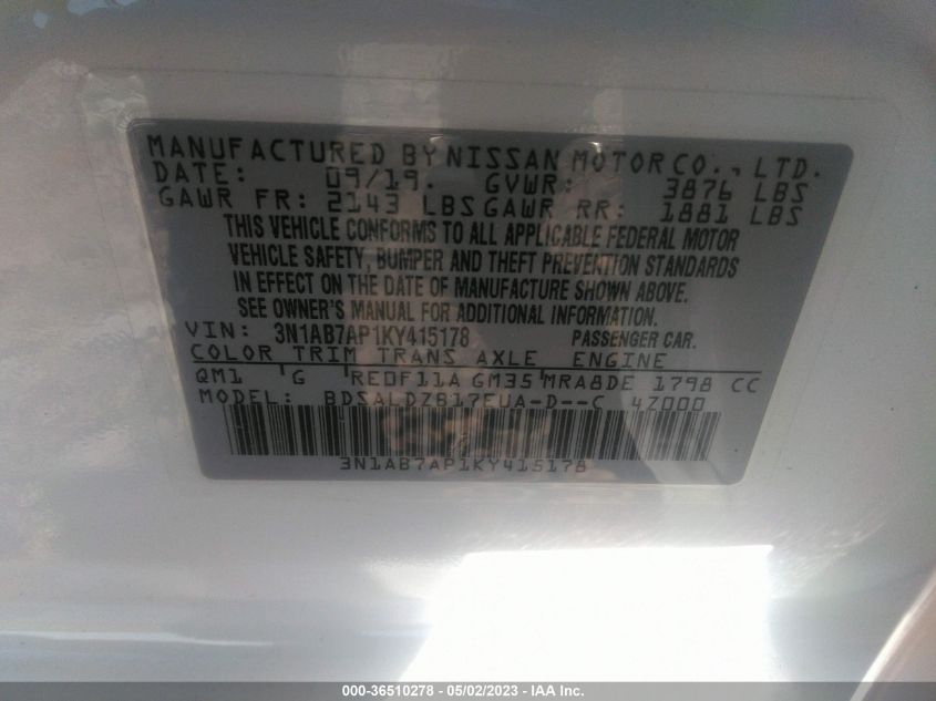 2019 NISSAN SENTRA SV - 3N1AB7AP1KY415178