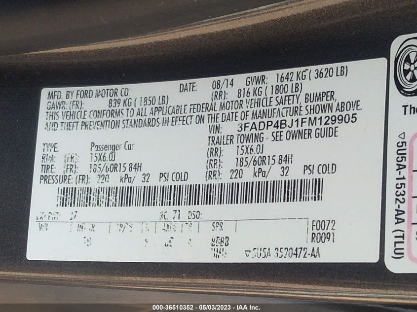 2015 FORD FIESTA SE - 3FADP4BJ1FM129905