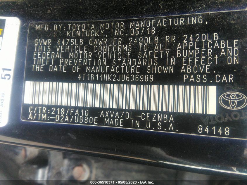 2018 TOYOTA CAMRY LE/SE/XLE/L - 4T1B11HK2JU636989