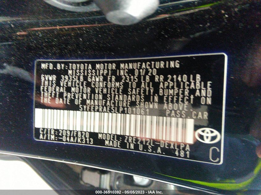 2020 TOYOTA COROLLA LE - 5YFEPRAE5LP101061