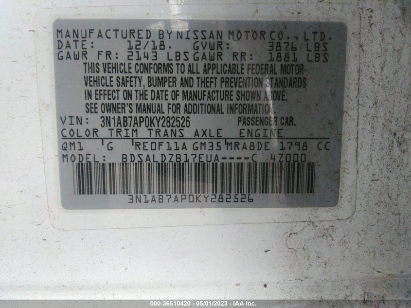 VIN 3N1AB7AP0KY282526 2019 NISSAN SENTRA SV