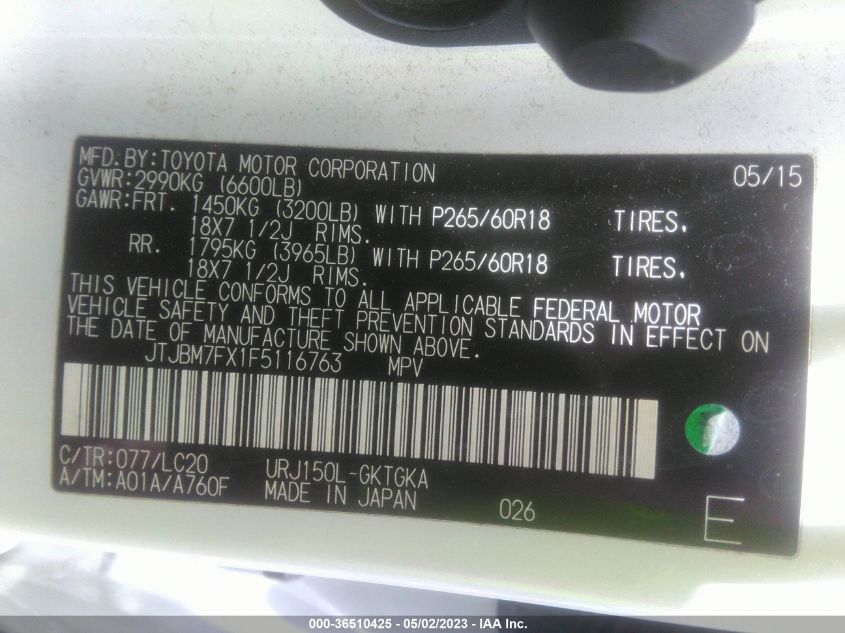 2015 LEXUS GX 460 JTJBM7FX1F5116763