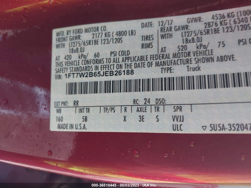 2018 FORD SUPER DUTY F-250 SRW XL/XLT/LARIAT - 1FT7W2B65JEB26188