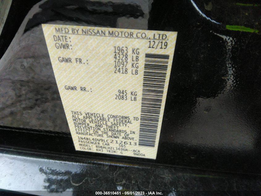 2020 NISSAN ALTIMA 2.5 SV - 1N4BL4DV9LC212613