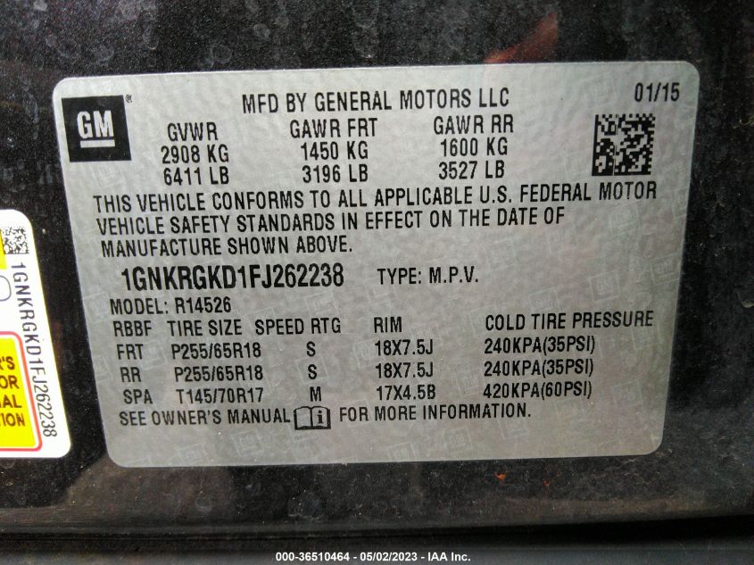 2015 CHEVROLET TRAVERSE LT - 1GNKRGKD1FJ262238