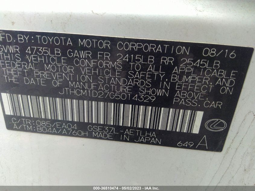 2016 LEXUS IS 300 - JTHCM1D27G5014329