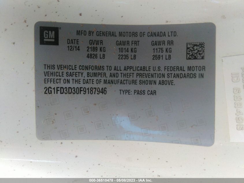 2015 CHEVROLET CAMARO LT - 2G1FD3D30F9187946