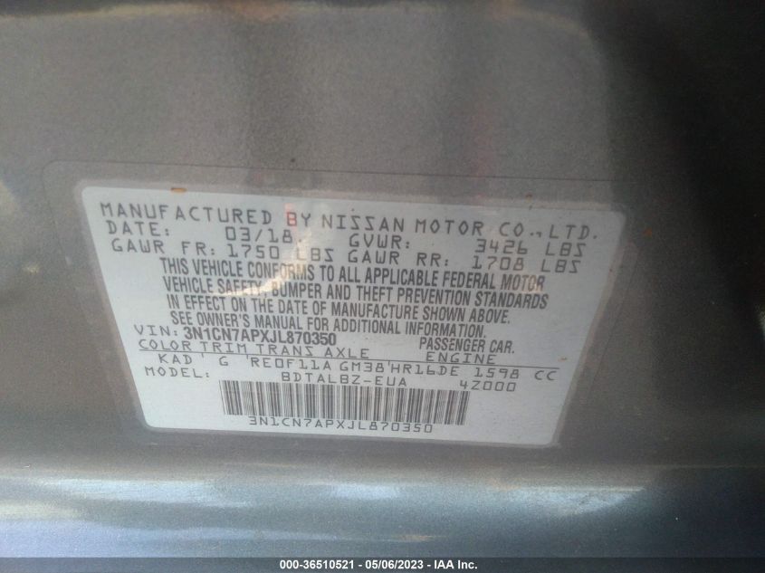 2018 NISSAN VERSA SEDAN SV - 3N1CN7APXJL870350