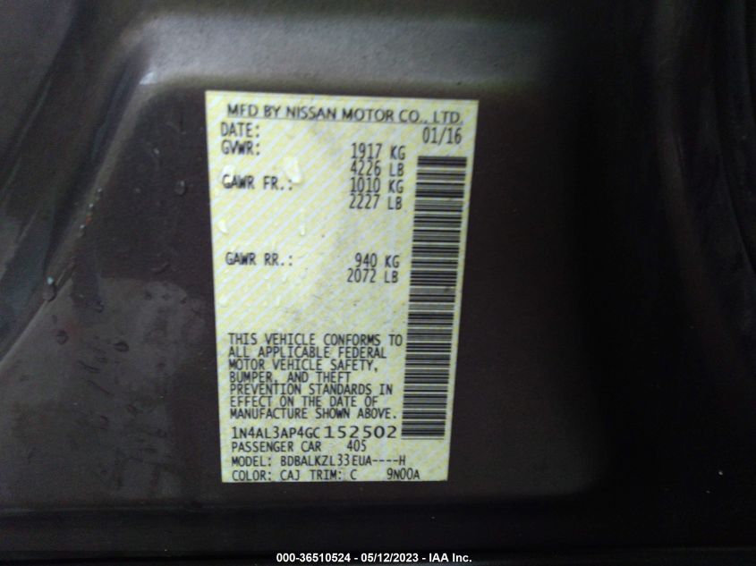 2016 NISSAN ALTIMA 2.5 SV - 1N4AL3AP4GC152502