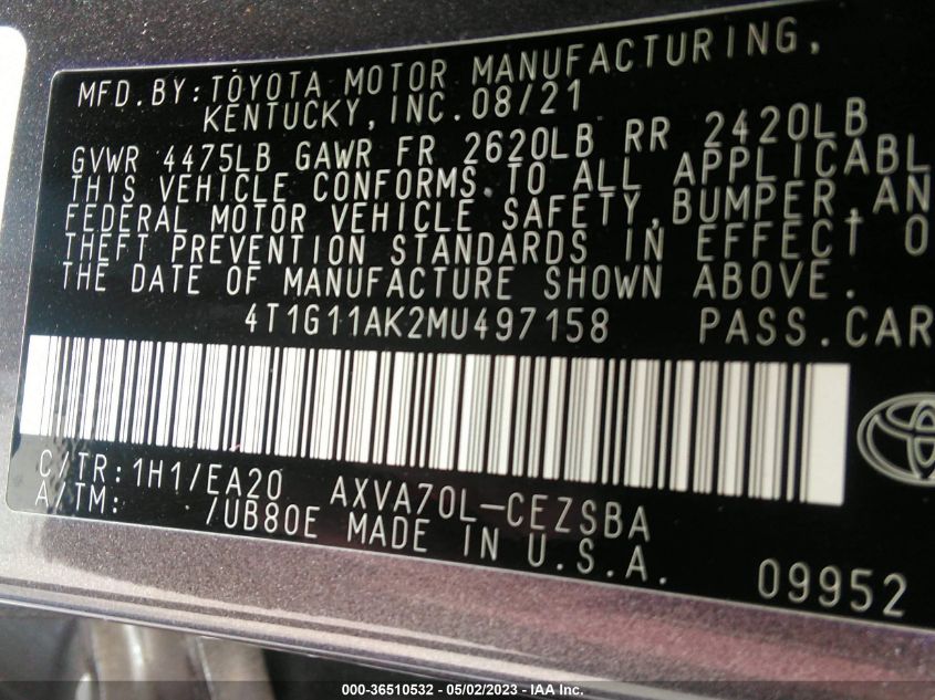 2021 TOYOTA CAMRY SE - 4T1G11AK2MU497158