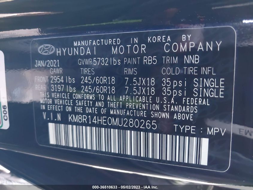 2021 HYUNDAI PALISADE SE - KM8R14HE0MU280265