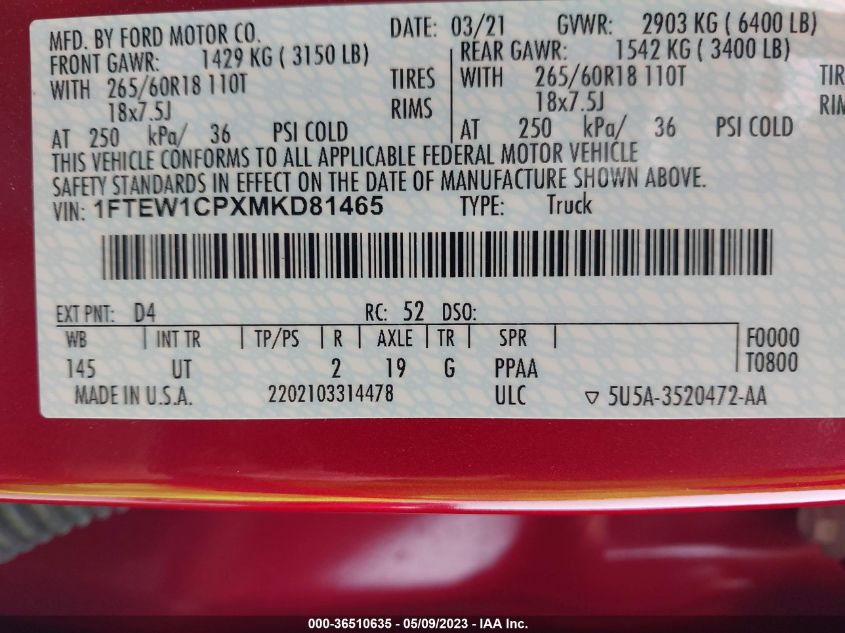 2021 FORD F-150 XL/XLT/LARIAT - 1FTEW1CPXMKD81465