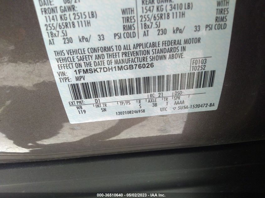 2021 FORD EXPLORER XLT - 1FMSK7DH1MGB76026
