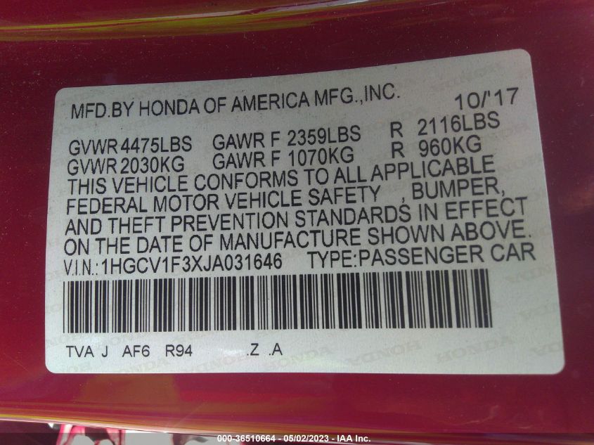 2018 HONDA ACCORD SEDAN SPORT 1.5T - 1HGCV1F3XJA031646