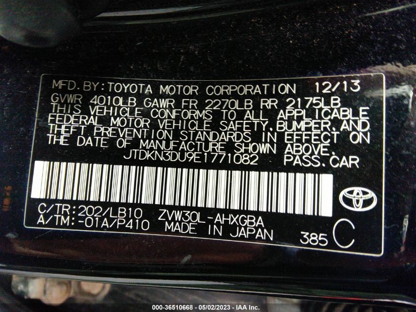 2014 TOYOTA PRIUS FOUR/FIVE/THREE/ONE/TWO - JTDKN3DU9E1771082