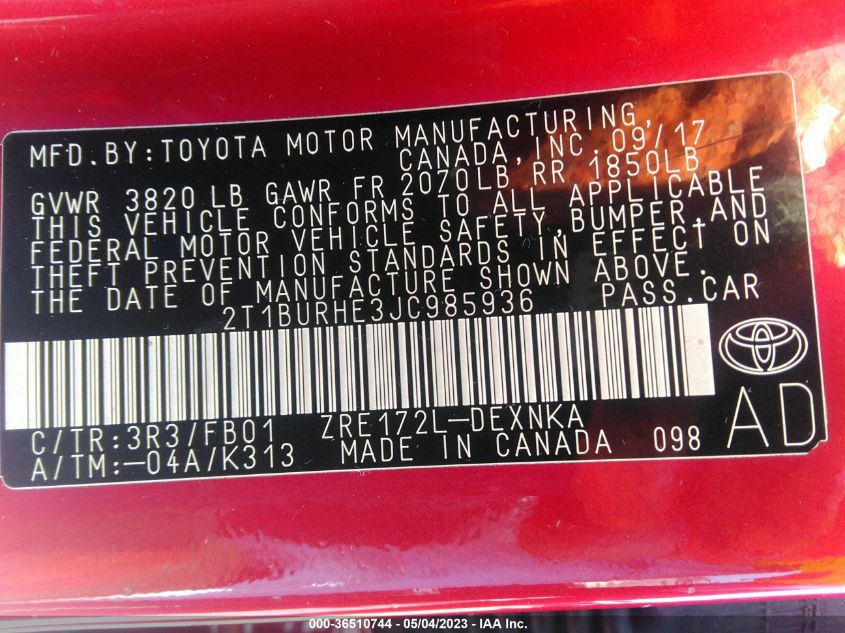 2018 TOYOTA COROLLA L/LE/XLE/SE/XSE - 2T1BURHE3JC985936