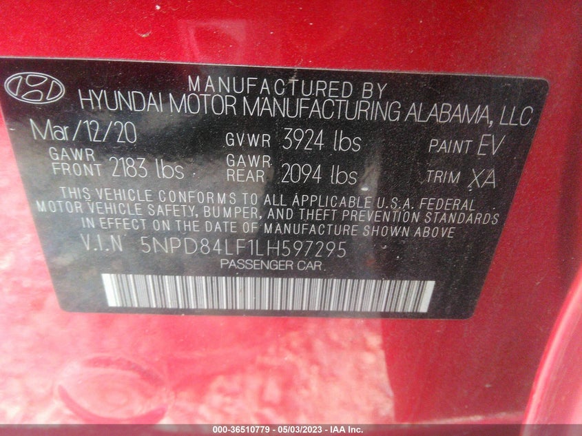 VIN 5NPD84LF1LH597295 2020 HYUNDAI ELANTRA VALUE EDITION