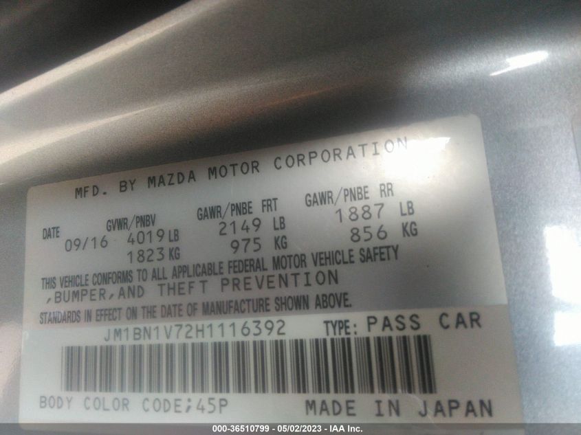2017 MAZDA MAZDA3 4-DOOR TOURING JM1BN1V72H1116392