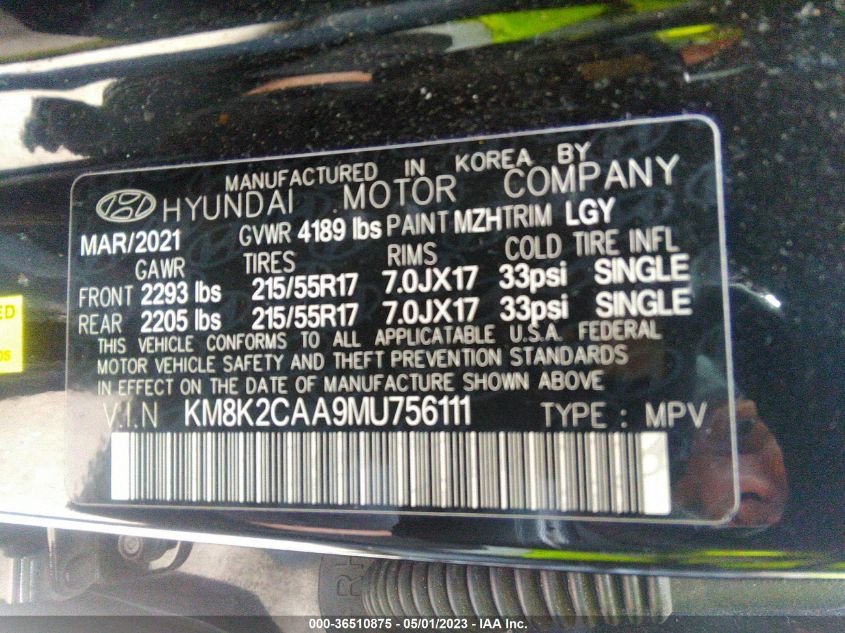 2021 HYUNDAI KONA SEL - KM8K2CAA9MU756111