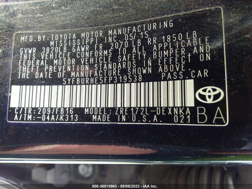 2015 TOYOTA COROLLA L/LE/S/S PLUS/LE PLUS - 5YFBURHE5FP319538