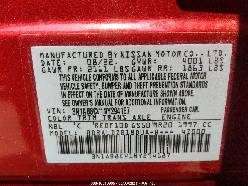 2022 NISSAN SENTRA SV - 3N1AB8CV1NY294187
