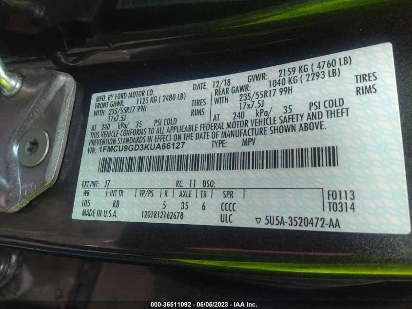 2019 FORD ESCAPE SE - 1FMCU9GD3KUA66127