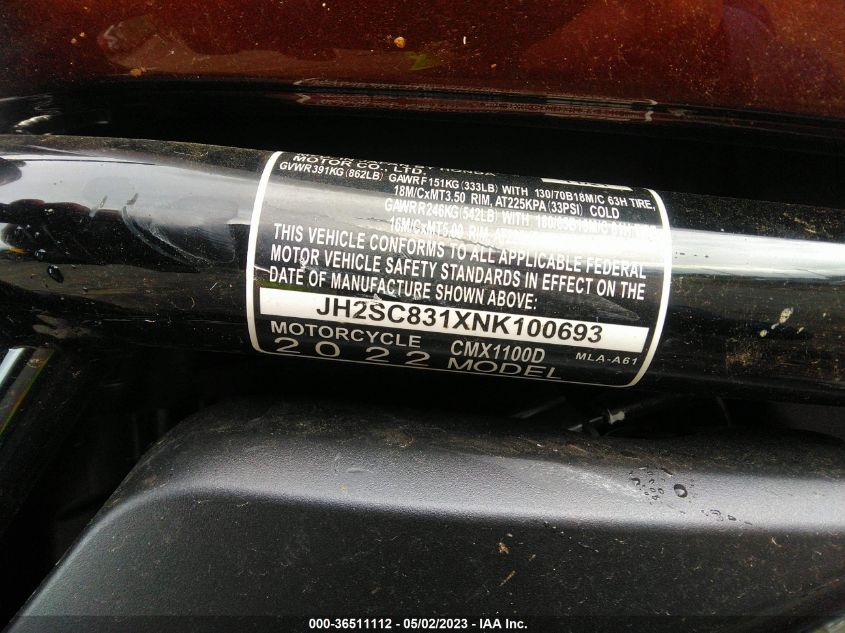 2022 HONDA CMX1100 D JH2SC831XNK100693