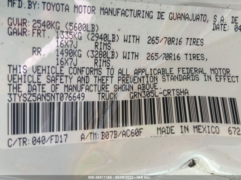2022 TOYOTA TACOMA 4WD SR/SR5/TRD SPORT - 3TYSZ5AN5NT076649