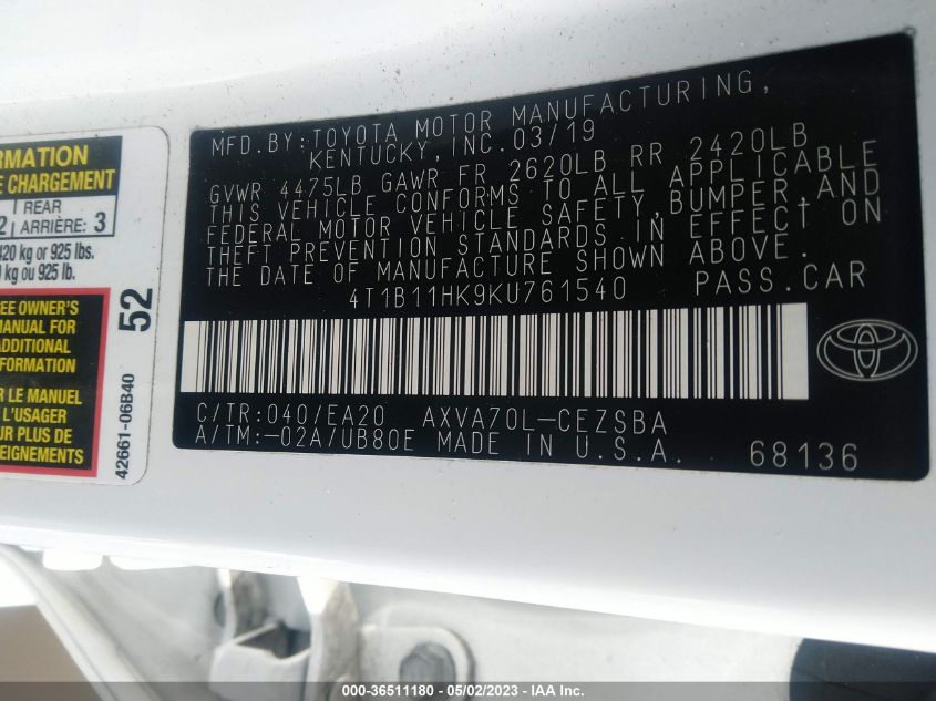 2019 TOYOTA CAMRY LE/SE/XLE/L - 4T1B11HK9KU761540