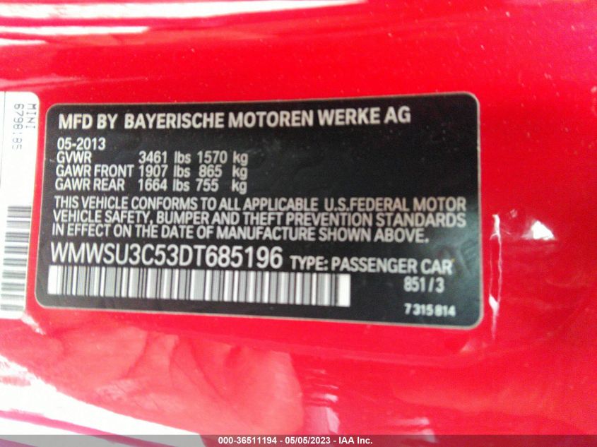 2013 MINI COOPER HARDTOP - WMWSU3C53DT685196