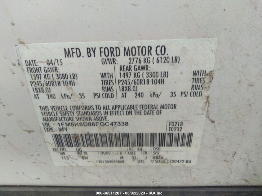 2015 FORD EXPLORER XLT - 1FM5K8D86FGC47338