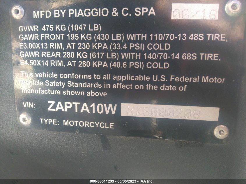 2019 VESPA PIAGGIO - ZAPTA10WXK5000208