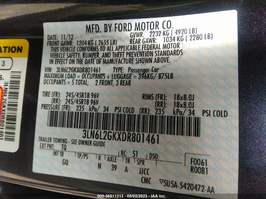 2013 LINCOLN MKZ - 3LN6L2GKXDR801461