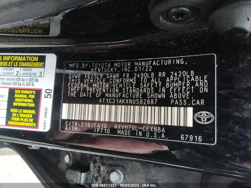 2022 TOYOTA CAMRY HYBRID LE - 4T1C31AKXNU582887