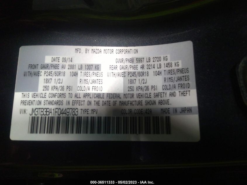 2015 MAZDA CX-9 SPORT - JM3TB3BA1F0449783