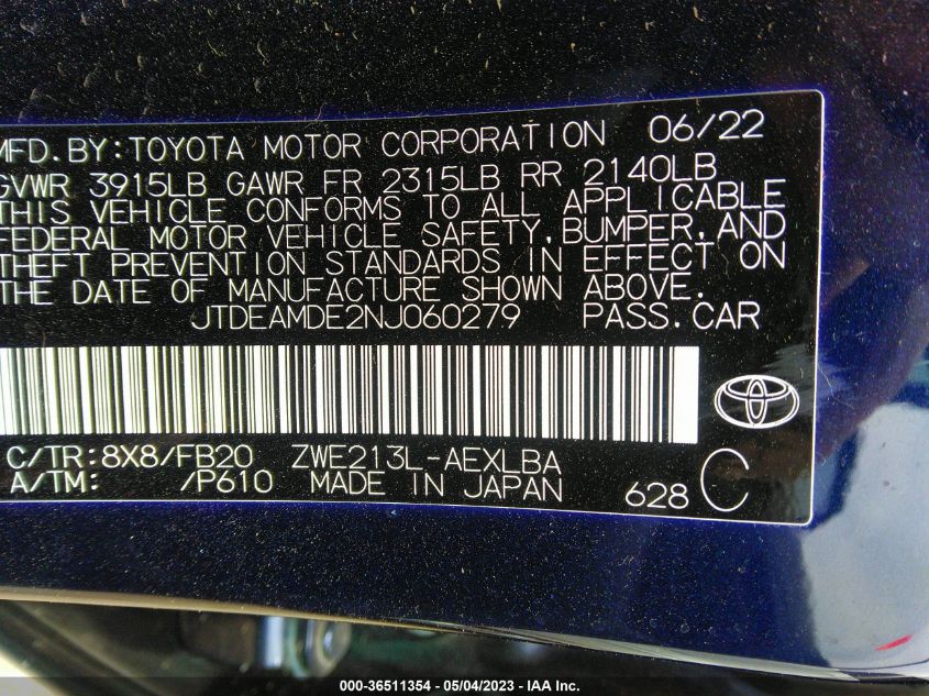 2022 TOYOTA COROLLA HYBRID LE - JTDEAMDE2NJ060279