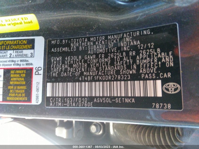 2013 TOYOTA CAMRY L/LE/SE/XLE - 4T4BF1FK0DR278323