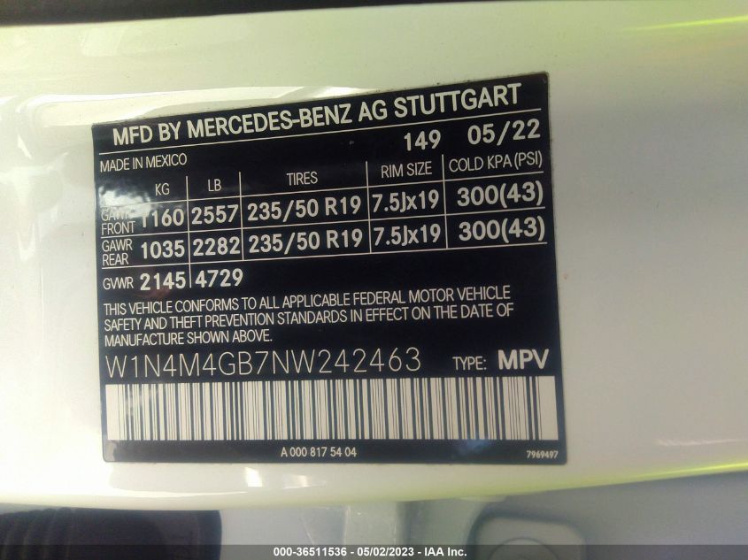 2022 MERCEDES-BENZ GLB GLB 250 W1N4M4GB7NW242463
