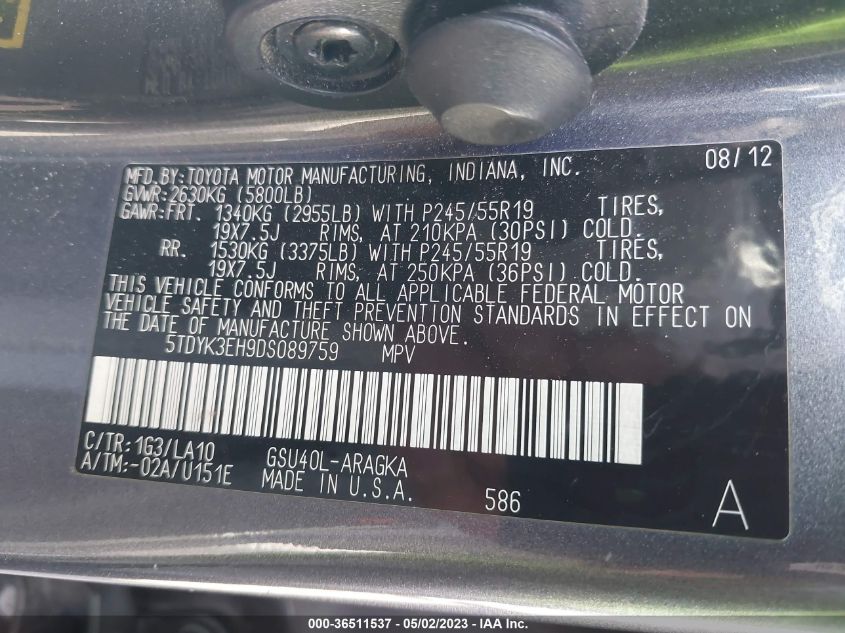 2013 TOYOTA HIGHLANDER LIMITED - 5TDYK3EH9DS089759