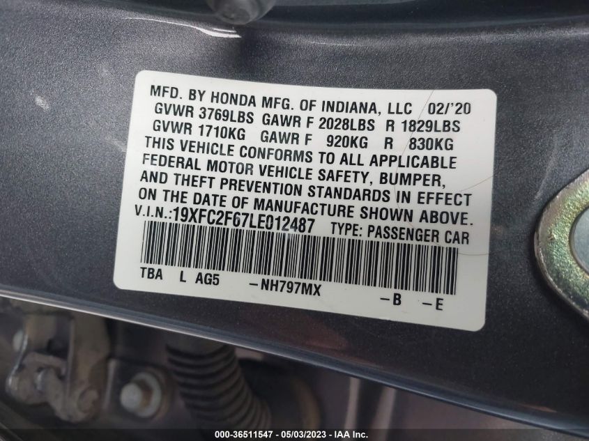 2020 HONDA CIVIC LX - 19XFC2F67LE012487