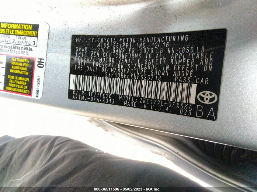 2017 TOYOTA COROLLA L/LE/XLE/SE - 5YFBURHEXHP625718