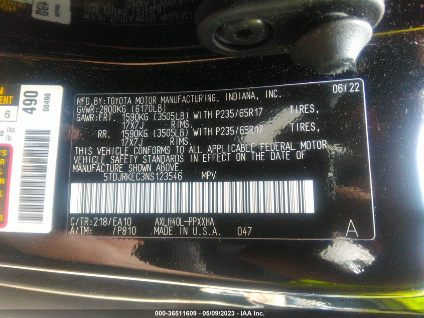 VIN 5TDJRKEC3NS123546 2022 TOYOTA SIENNA XLE