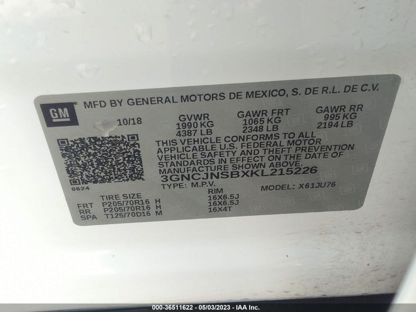 2019 CHEVROLET TRAX LS - 3GNCJNSBXKL215226