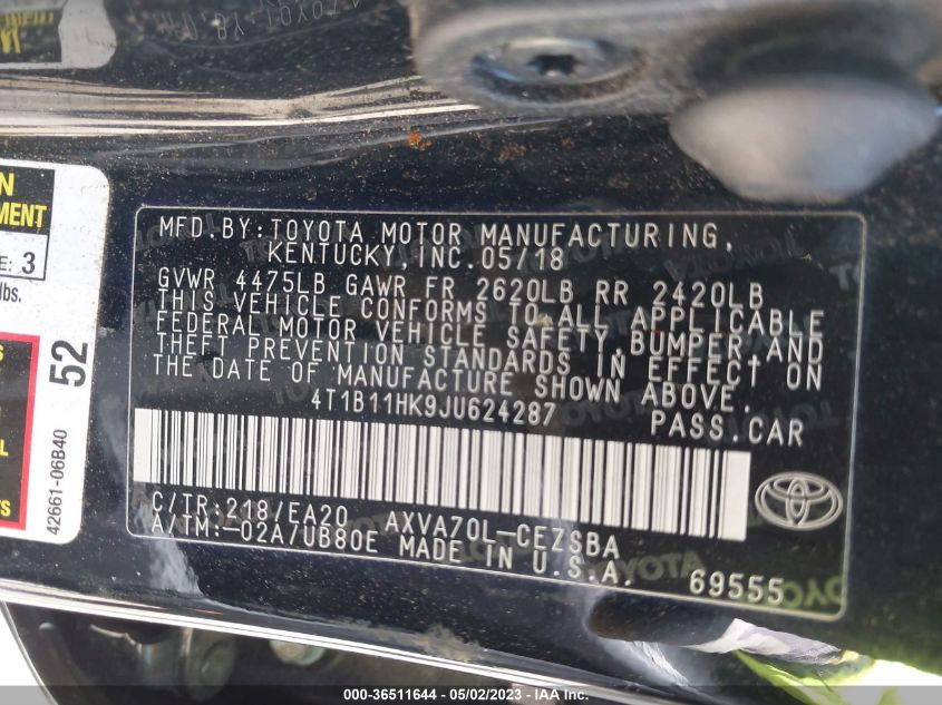2018 TOYOTA CAMRY LE/SE/XLE/L - 4T1B11HK9JU624287