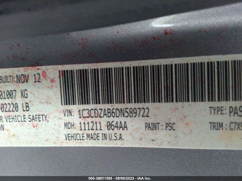 2013 DODGE AVENGER SE - 1C3CDZAB6DN589722