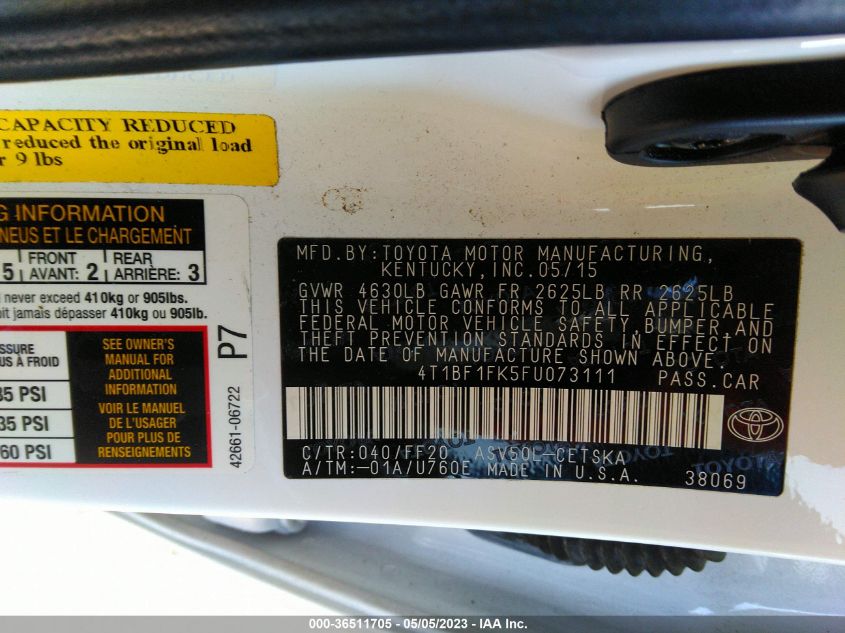 2015 TOYOTA CAMRY XLE/SE/LE/XSE - 4T1BF1FK5FU073111