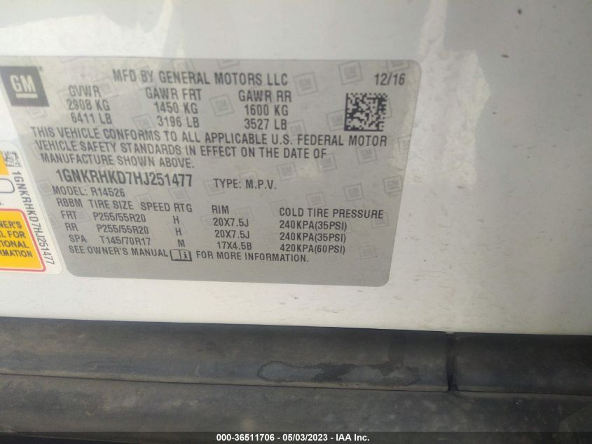 2017 CHEVROLET TRAVERSE LT - 1GNKRHKD7HJ251477