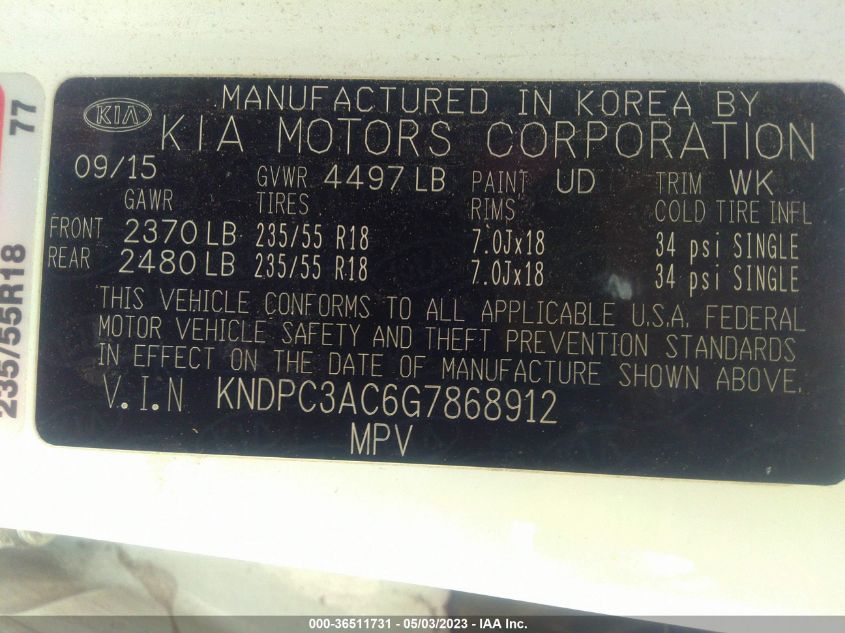 2016 KIA SPORTAGE EX - KNDPC3AC6G7868912