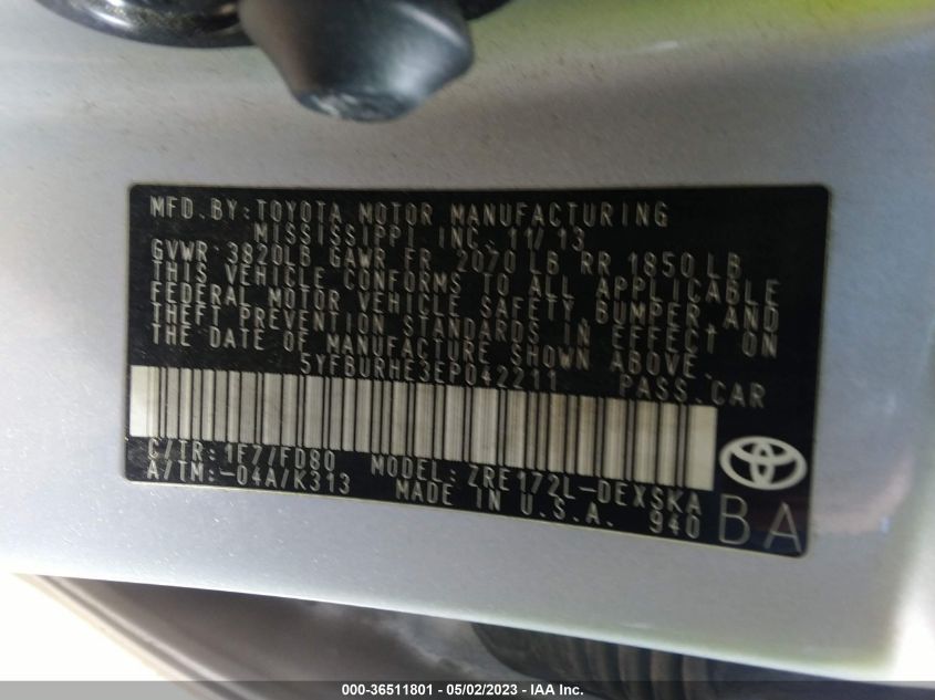 2014 TOYOTA COROLLA L/LE/S/S PLUS/LE PLUS - 5YFBURHE3EP042211