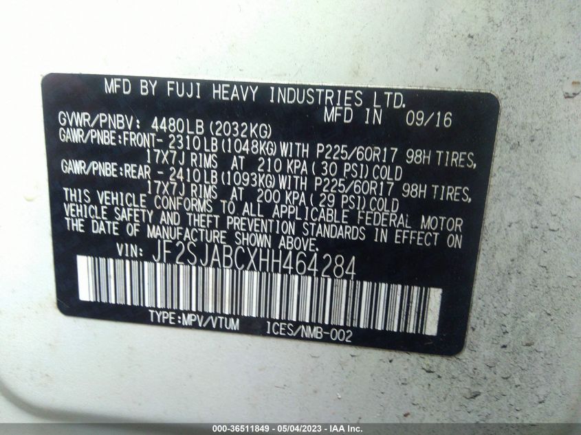 2017 SUBARU FORESTER - JF2SJABCXHH464284